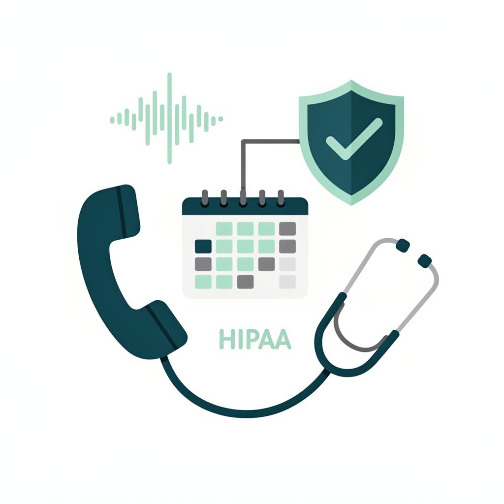 Clinic phone reception, calendar, HIPAA shield, and stethoscope illustration in calming teal