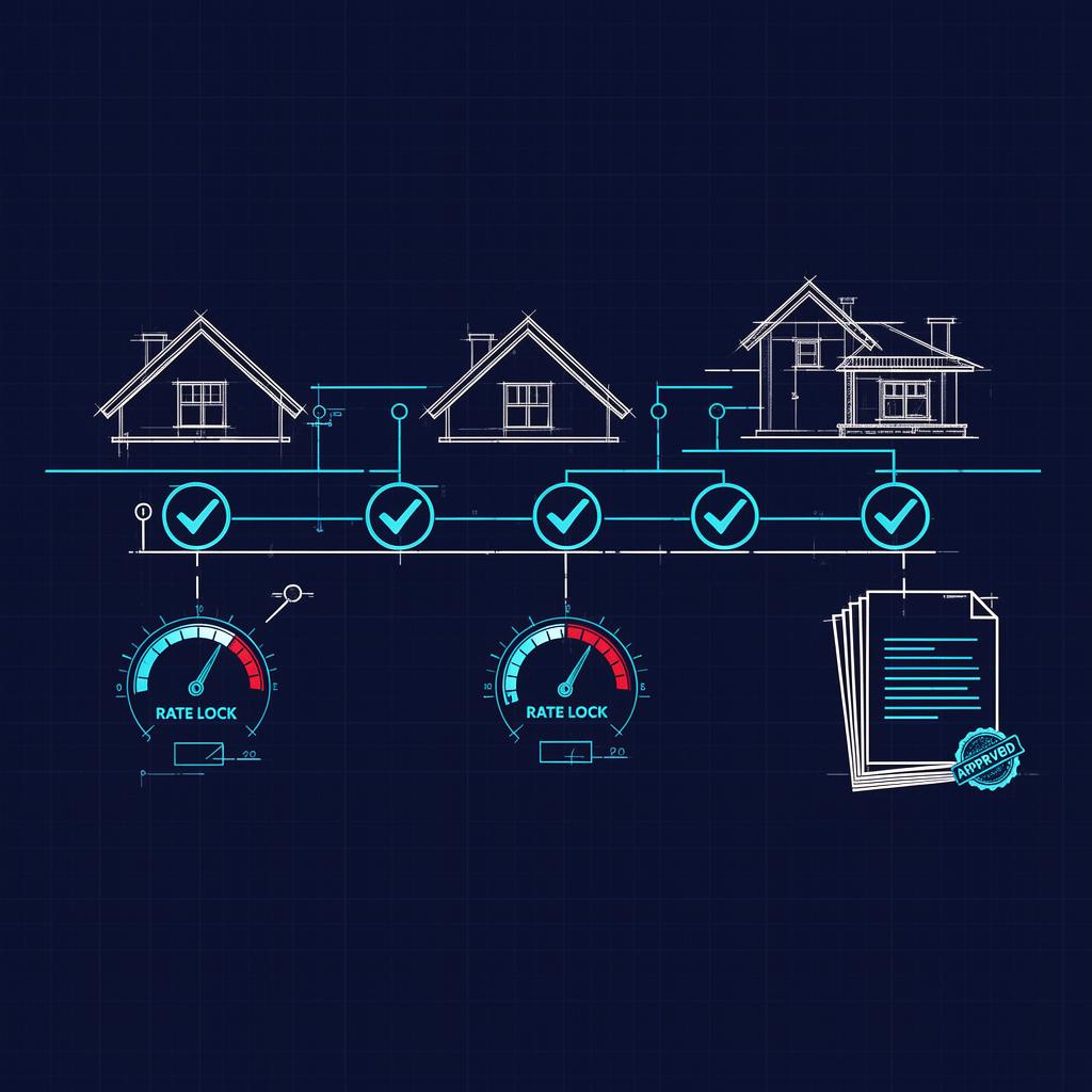 Mortgage pipeline visualized as a blueprint with milestone checkpoints, rate-lock dials, and approval stamps