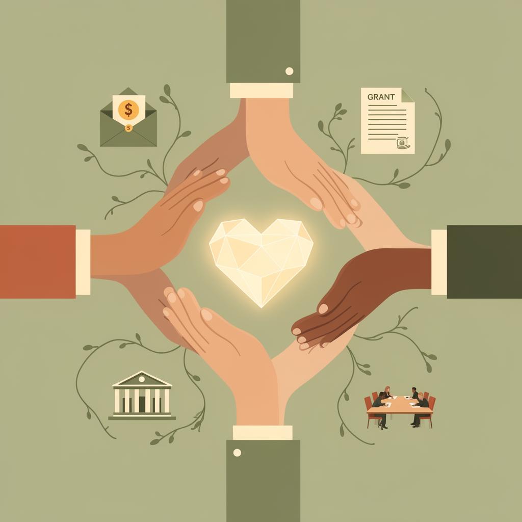 Community circle of hands around a glowing heart, surrounded by donor, grant, program, and board icons