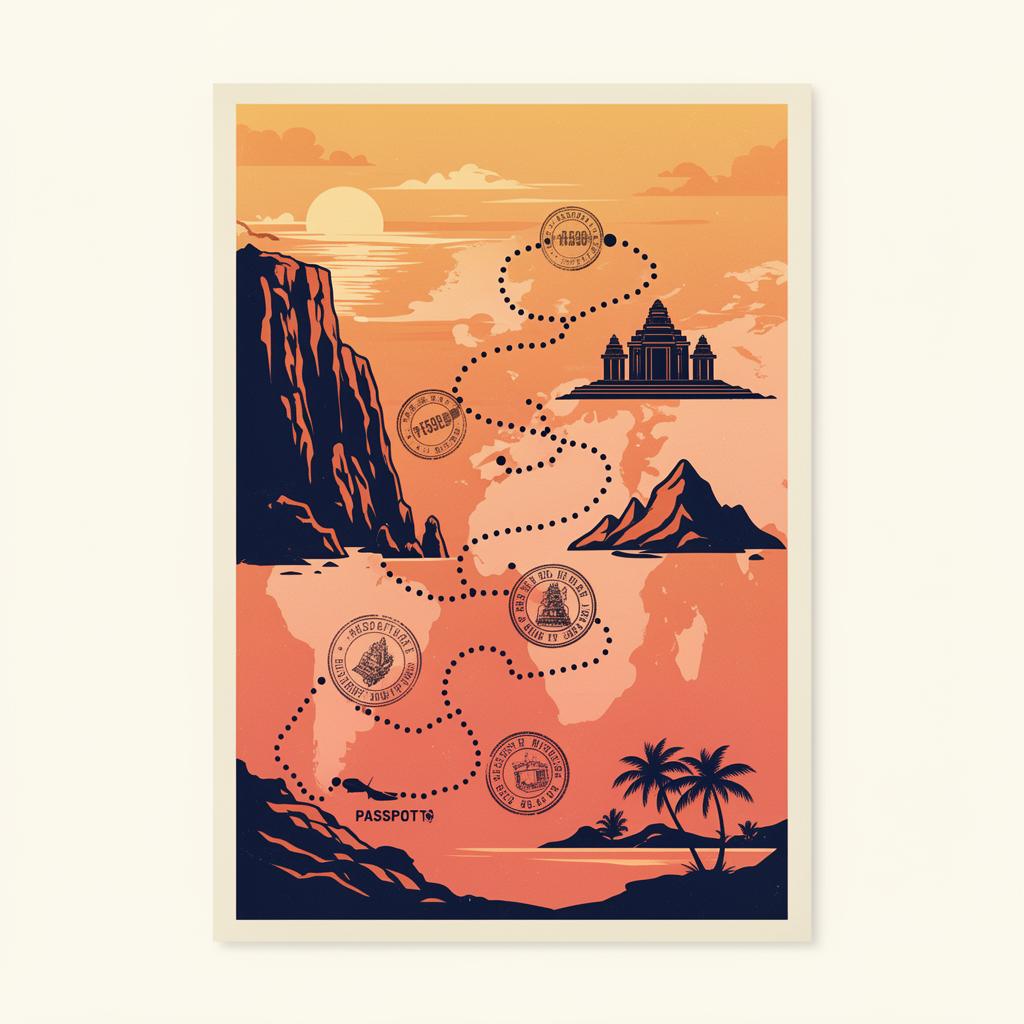 Illustrated travel route winding across landmarks with passport stamps