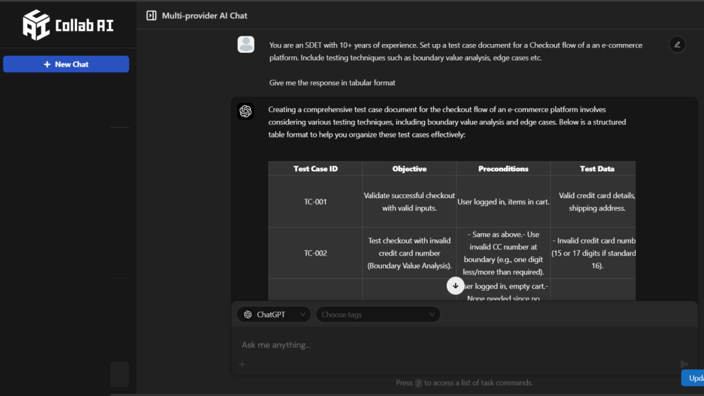 Test case responses from CollabAI