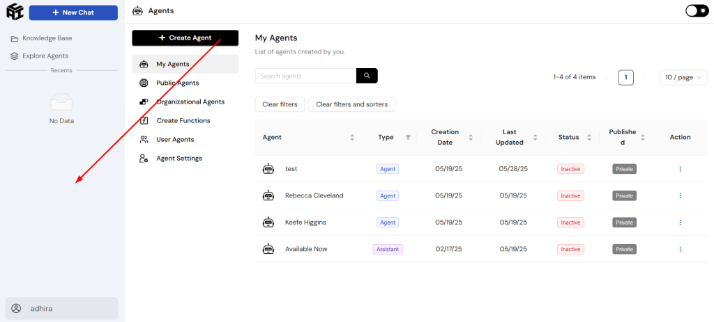 A "Collab AI" dashboard displays "Agents" selected in the sidebar, with a list of "My Agents" including details like name, type, and status.