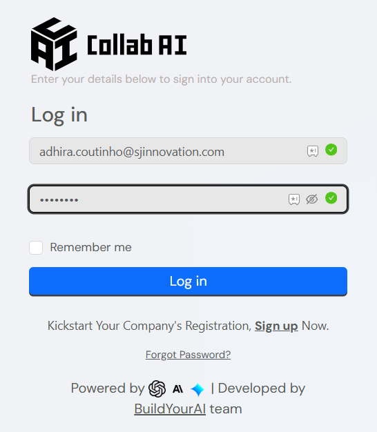 A clean "Collab AI" login page with fields for email (pre-filled) and password, a "Remember me" checkbox, and a "Log in" button.