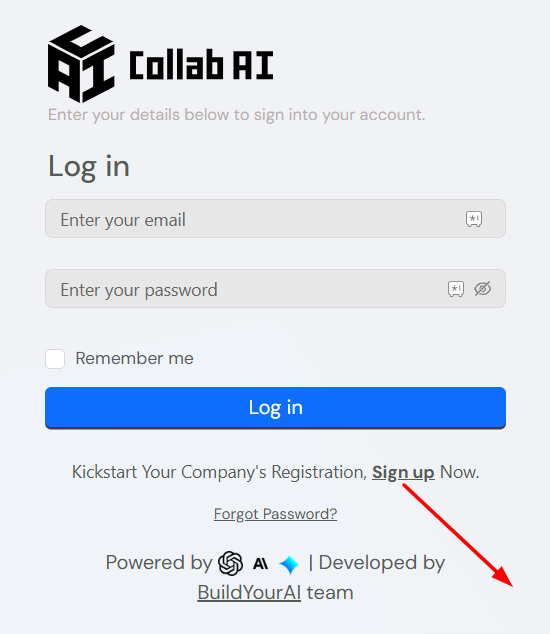 A clean, minimalist login screen for "Collab AI" with fields for email and password, a "Remember me" checkbox, and a prominent "Log in" button. A "Sign up" link is below.