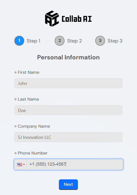 A Collab AI registration form's "Step 1: Personal Information" with fields for first name, last name, company name, and phone number.