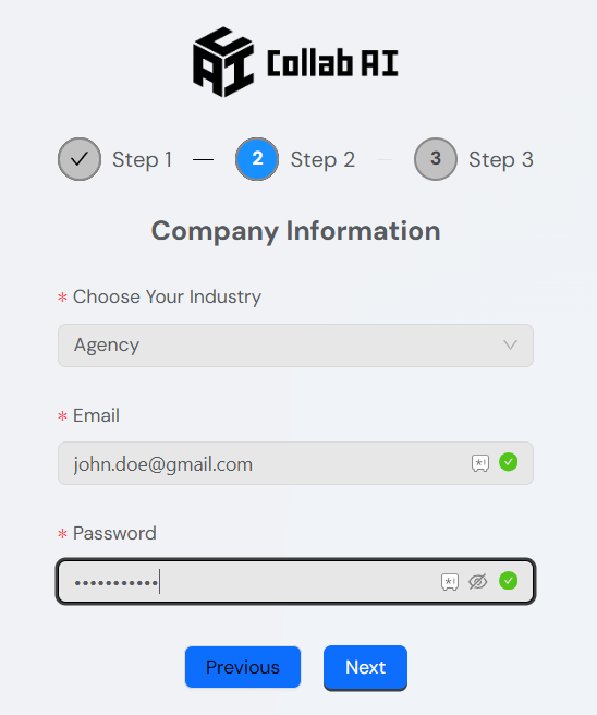A "Collab AI" registration form, "Step 2: Company Information," with fields for industry, email (pre-filled), and password.