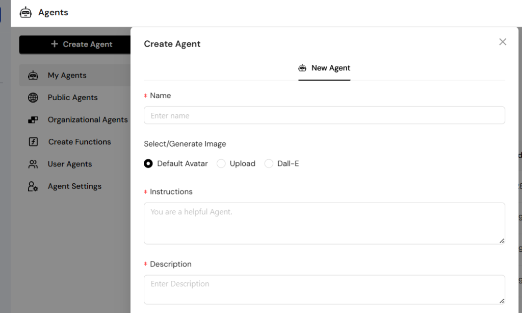 A "Create Agent" pop-up in Collab AI shows fields for agent name, image selection (Default/Upload/Dall-E), instructions, and description.