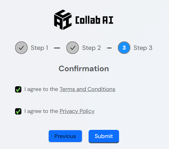 A "Collab AI" registration form's "Step 3: Confirmation" with checkboxes for Terms and Conditions and Privacy Policy.