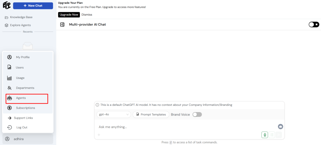 A "Collab AI" dashboard, showing "Agents" selected in the sidebar, and a chat interface with options to create agents.