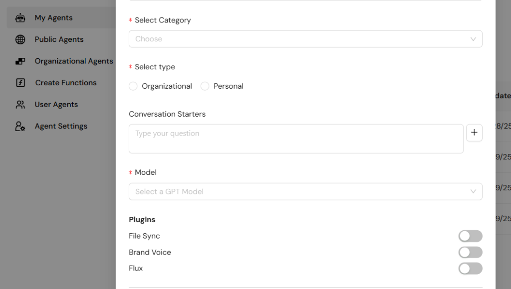 A "Create Agent" form in Collab AI with fields for "Select Category," "Select type" (Organizational/Personal), "Conversation Starters," "Model," and "Plugins."