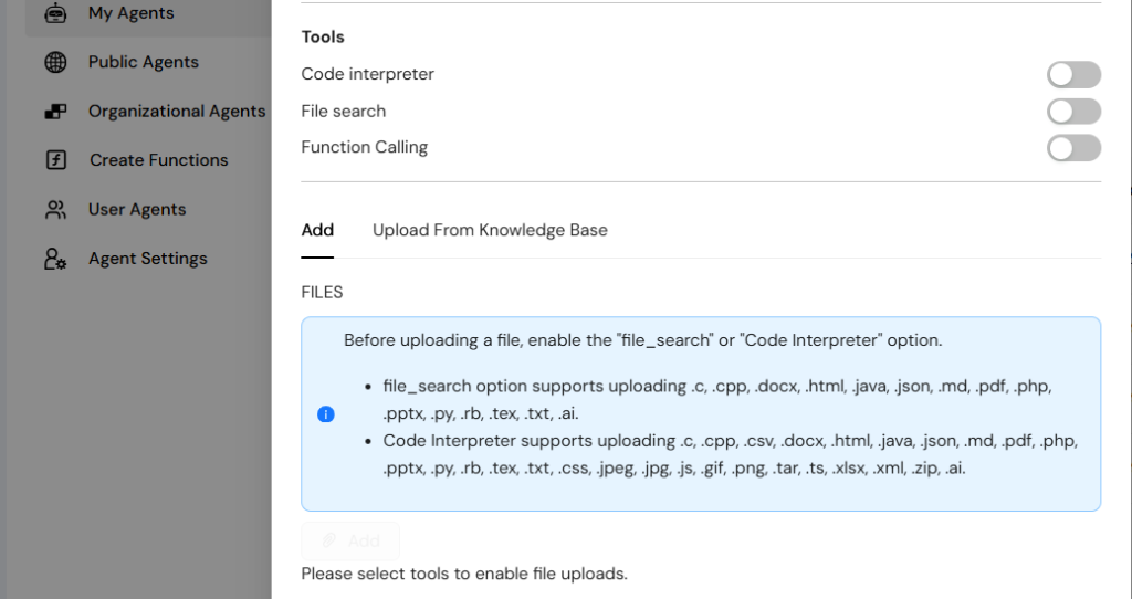 A "Create Agent" form in Collab AI with options for "Tools" like Code Interpreter, File Search, and Function Calling.