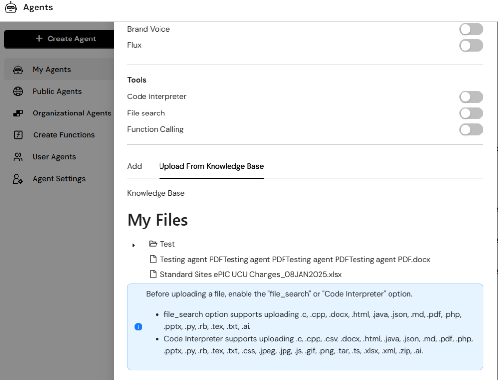 A "Create Agent" form in Collab AI displaying the "Add" section with "Upload From Knowledge Base" and a list of "My Files."