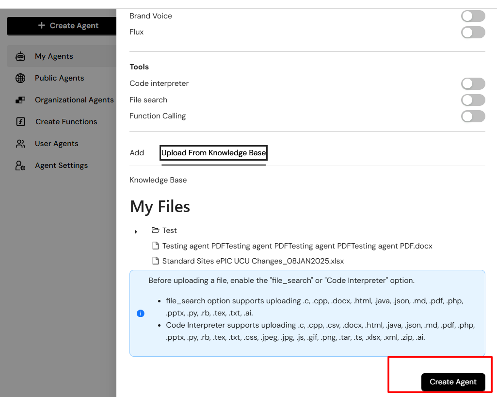 A Collab AI "Create Agent" form displays a "Create Agent" button and a table of existing agents below.